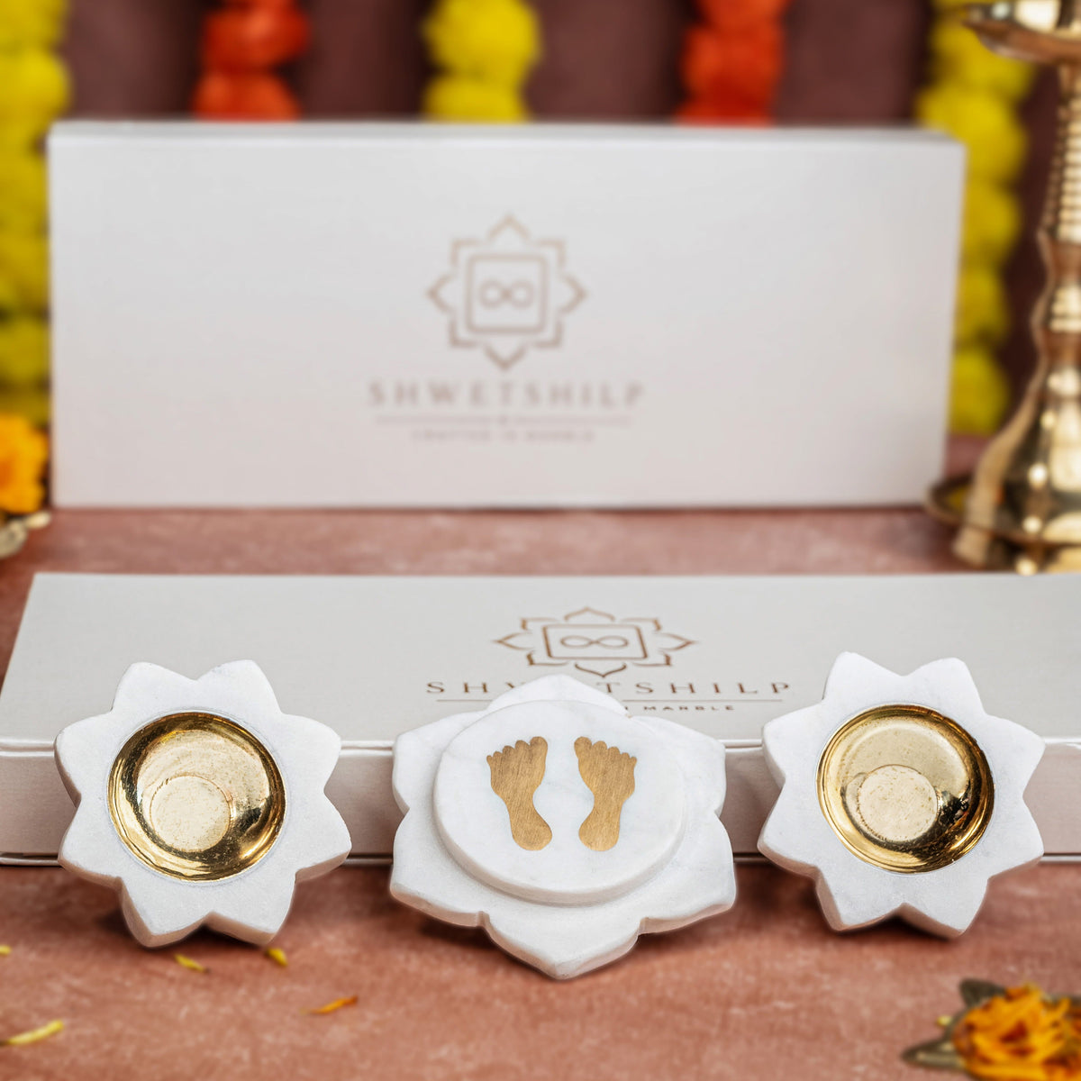 Lakshmi Aagman Hamper | Handcrafted Marble Diya & Lakshmi Charan Gift Set.