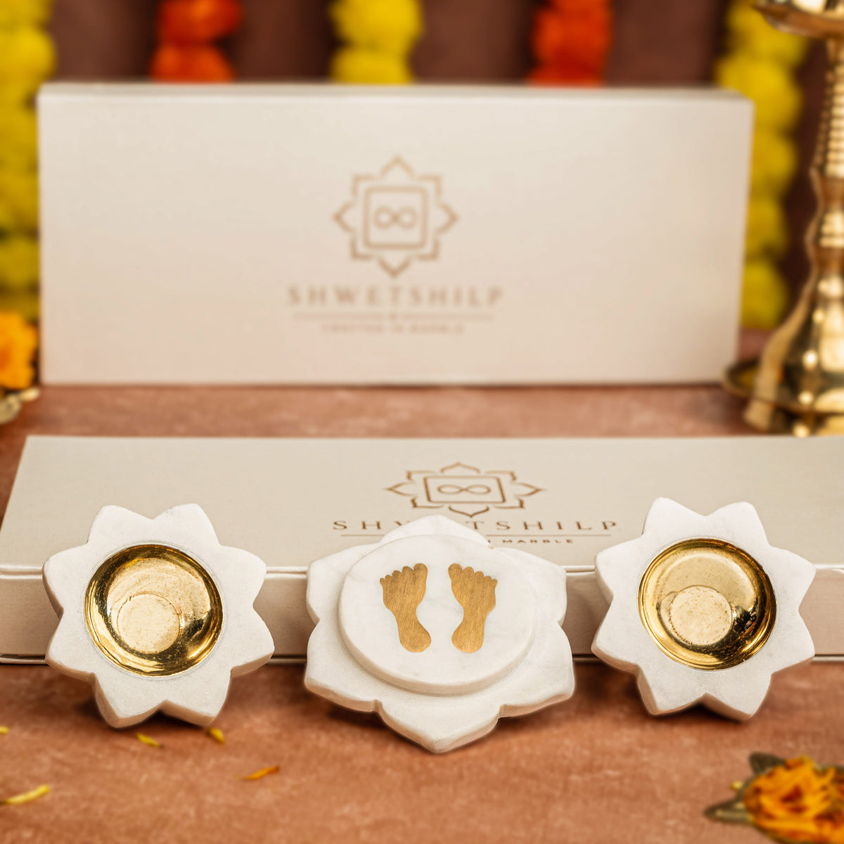 Lakshmi Aagman Hamper | Handcrafted Marble Diya & Lakshmi Charan Gift Set.