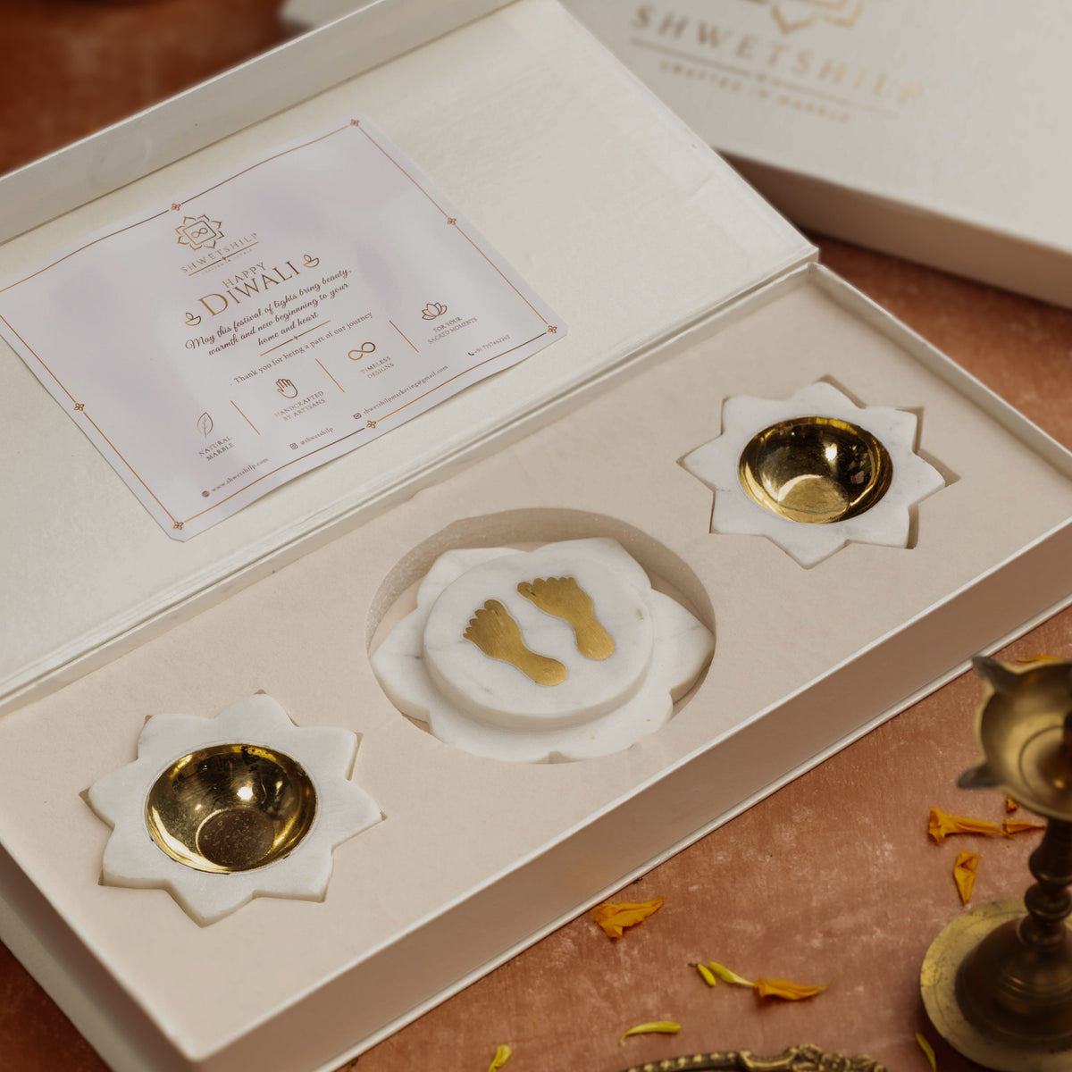 Lakshmi Aagman Hamper | Handcrafted Marble Diya & Lakshmi Charan Gift Set.